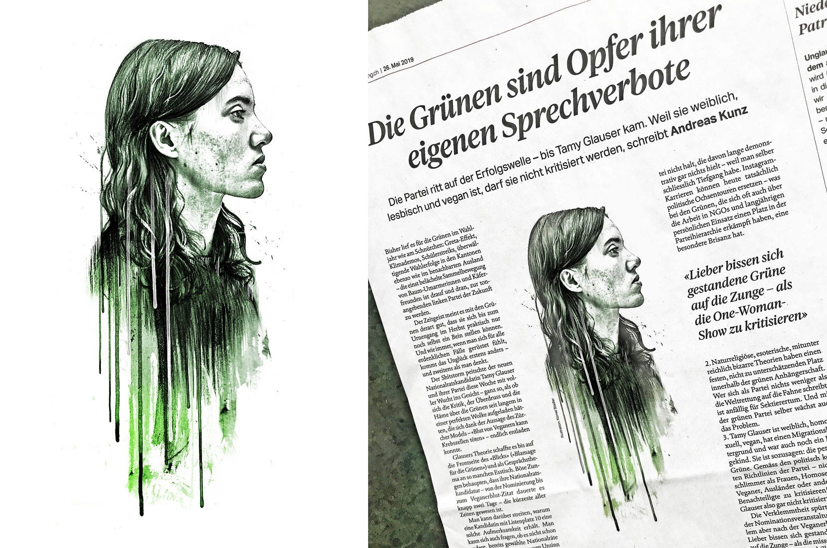 Tamy Glauser, Shitstorm & die Grünen - Kornel Illustration | Kornel Stadler portfolio